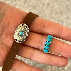 Brown Leather choker and Turquoise Ring Set
